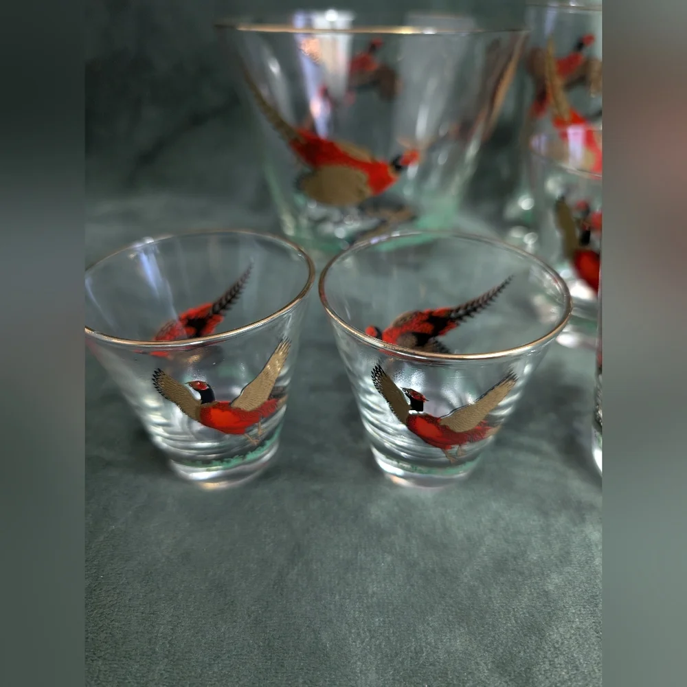 Hazel Atlas Pheasant VINTAGE Ice Bucket & Cocktail Glasses MCM Glass